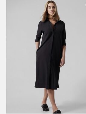 Athleta Urbanite Black Button-Front Classic Midi Shirt Dress